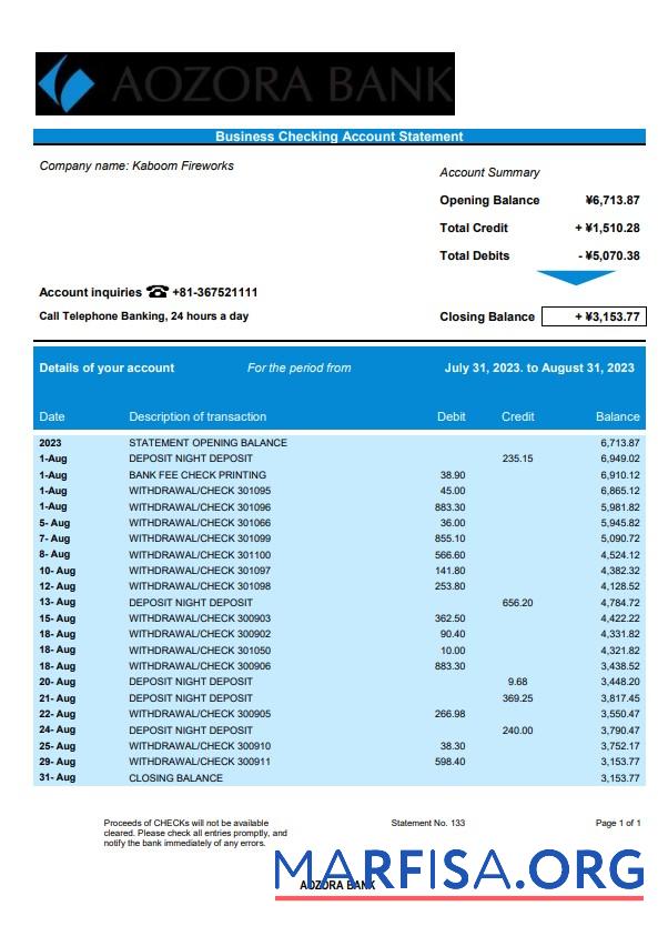 Blank Aozora Bank organization checking account statement Word and PDF template